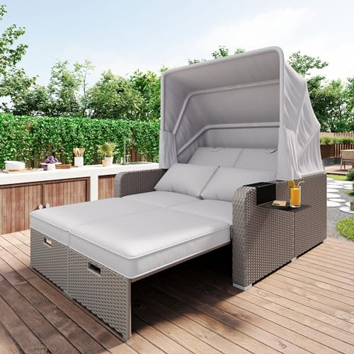 Kayan Poly Rattan Sonneninsel Gartenlounge Set, Sonneninsel Sitzgruppe mit Baldachin und Kissen, Outdoor Gartenmöbel Gartenliege Loungemöbel Terrassenmöbel, Wetterfest (Khaki)
