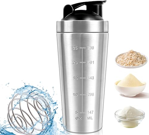 Hojalis Protein Shaker Bottle 750ml, Stainless Steel Protein Shaker with Mixball, Leak Proof Metal Shakers, Protein Mixer Shaker Cup, BPA Free Fitness Bottle Shakers for Men and Women (Silver)