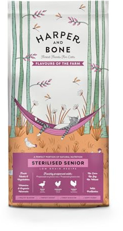 | Harper and Bone Senior Sterilised Flavours Farm Pienso para Gatos es una comida con pato, pollo y pavo.