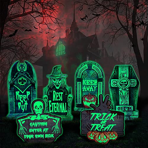 Jojoin 6 Pezzi lapidi di Halloween - Fluorescente Decorazioni Horror Pietre tombali di Halloween con 12 aste in Fibra di Vetro - Pietre Tombali Cimitero Decorazioni da Giardino di Halloween