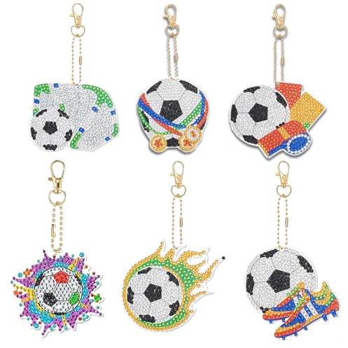 aupawdy 6 Pezzi Ciondoli Portachiavi Artistici Diy con Diamanti, 5D Diamond Art Painting Portachiavi, DIY Calcio Pittura Diamante Portachiavi, Portachiavi Pittura Strass per Adulti Bambini Borse