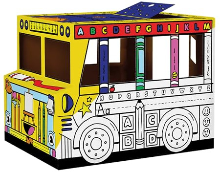 Bankers Box Colour-In School Bus Cardboard Playhouse for Kids (114.3 x 78.74 x 83.82 cm) – Craft Activity with Doors & Sunroof – Easy Assembly – FSC Certified, 100% Recyclable – Ages 3+