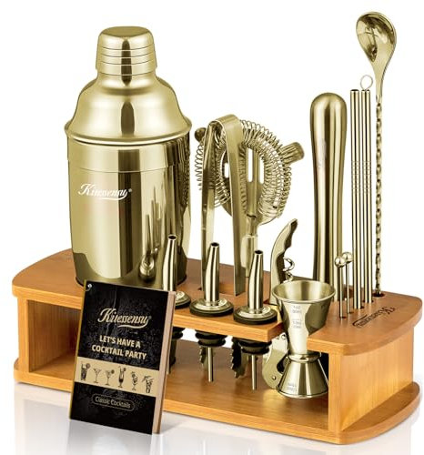 KITESSENSU Cocktail Shaker Set Bartender Kit with Stand | Bar Set Drink Mixer Set with All Essential Accessory Tools: Martini Shaker, Jigger, Strainer, Mixer Spoon, Muddler |Champagne Gold