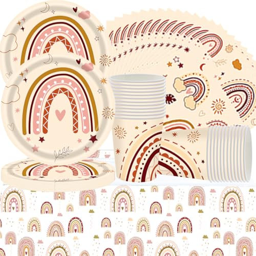 Le stoviglie per feste in stile bohemien arcobaleno sono composte da 73 pezzi, tra cui piatti, tazze, tovaglioli e tovaglie, adatte per una festa di compleanno per 24 persone