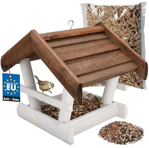 KOTARBAU® Mangiatoia per Uccelli - 24 x 30,5 x 25,5 cm - Casetta Legno per Uccelli - da Esterno - con Mangime 0,5 kg - Decorazione da Giardino - Marrone & Blanco