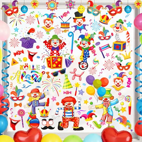KERYBW 9 fogli di immagini per finestre di carnevale, autoadesive per finestre di pagliaccio, decorazione per carnevale circo (A)