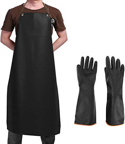 SourceTon Delantal de vinilo impermeable y guantes de látex para trabajo pesado, Resist Strong Acid, Alkali and Oil Delantal y guantes