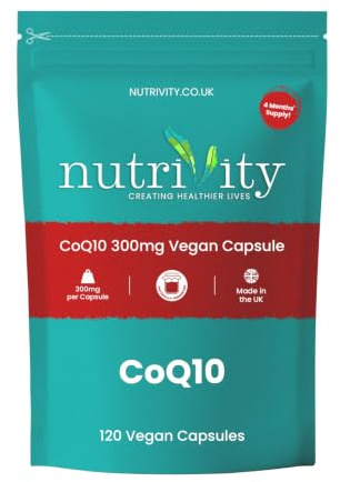 CoQ10 300mg | 120 Capsules | 4 Month Supply | High Strength Naturally Fermented Ubiquinone | High Absorption Antioxidant Immune Support | Vegan | Halal | Gluten & Dairy Free | UK GMP Made | Nutrivity
