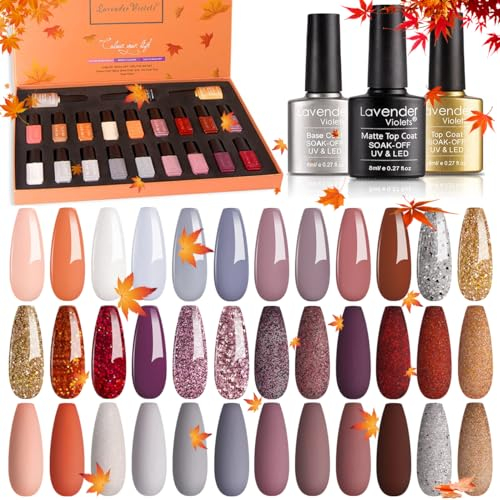 Lavender Violets 25 Pcs Gel Nail Polish Set Blooming Gel,Base Coat,Glossy n Matte Top Coat Double-end Dotting Brush Liner Pen Manicure Sparkling Fairy Gifts for Women Soak Off UV LED Varnish 05_987