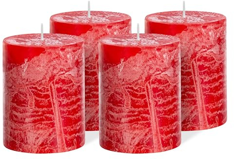 Brandsseller juego 4 velas de pilar rústicas 7x10 cm – parafina teñida en masa de larga duración – ideales para decoración de mesa, hogar, Navidad, bodas, fiestas y eventos – Rojo
