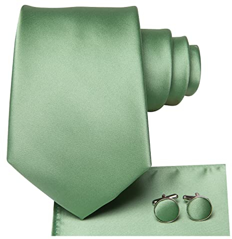 Hi-Tie Herren Krawatte Schwarz Paisley/Plaid/Streifen/Einfarbig Krawatten Set Einstecktuch Manschettenknöpfe Business Formal Hochzeit Meeting Geschenkbox,Grasgrüner Feststoff