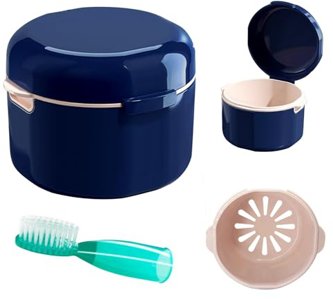 DIDATOOL Denture Cup, Denture Bath, Denture Cups for Soaking Dentures, Denture Case with Lid, Denture Bath with Rinsing Basket, Easy to Carry and Clean Retainer Case Denture Cleaning kit (Navy Blue)