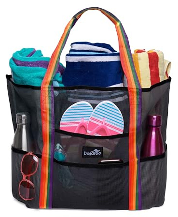 Dejaroo: Mesh Sand Free Bag - Strong Lightweight Tote For Beach & Vacation Essentials. Tons of Storage with 8 Pockets, Foldable, 17x9x15 inches, Black with Rainbow Handles