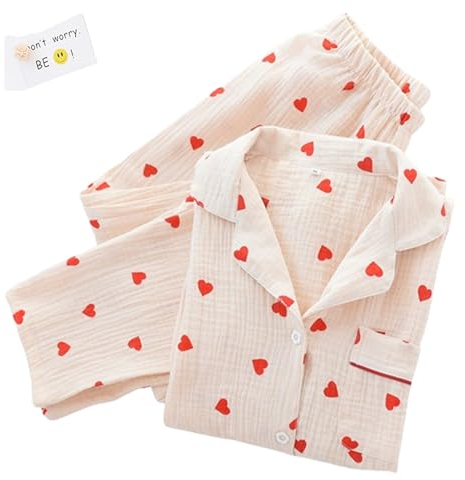Pyjama-Set mit Herz-Print, Baumwoll-Pyjama-Set, süßes Langarm-Button-Down-Shirt mit Herz-Print und Langer Hose,Beige,M