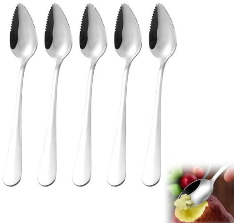 Jimkply Lot de 5 cuillères à pamplemousse, cuillères à kiwi en acier inoxydable 304, cuillères à boue, cuillères à dessert dentelées, cuillères à dessert pour pomme, kiwi, purée de fruits