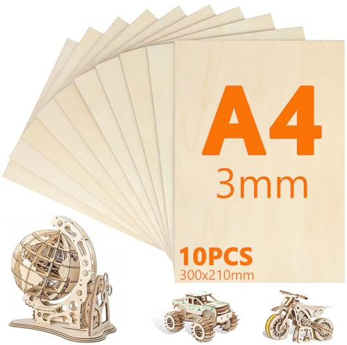 WIZAPAS 10 Pièces Contreplaqué A4, 300mm×210mm Contreplaqué 3mm, Planche en Bois Bricolage, Bois pour Pyrogravure, Gravure, Modélisme, Découpe Laser, Décoration, Peintures