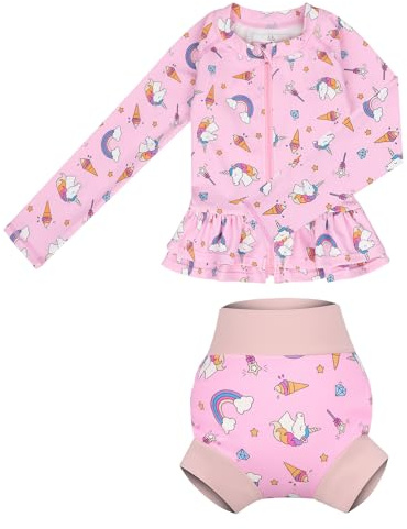 MOEMOE Baby badset, tvådelad baddräkt baby pojkar flickor, UV-skydd racervakt-set, badkläder med långärmad simskjorta och simblöjor, ROSA, 4 År