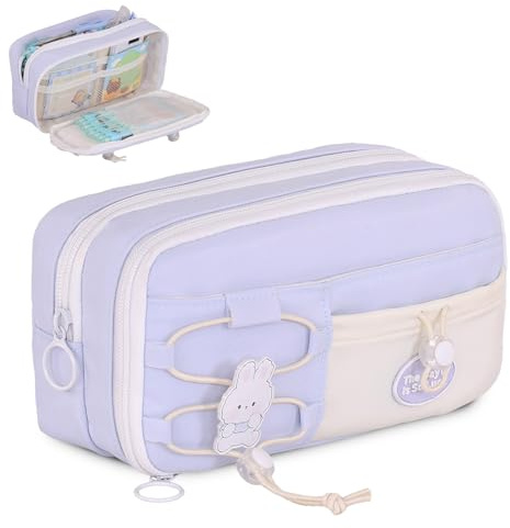 Amythe Trousses Écoliers Imperméables, Trousse Fille 4 Compartiments Grande Capacité pour Primaire Collège, Trousse Scolaire Kawaii Cartoon, Trousse à Crayons pour la Rentrée Scolaire, Bleu