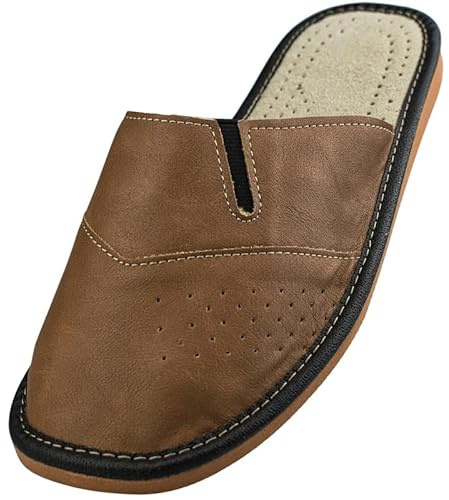 APREGGIO zapatillas de cuero auténtico para hombre - sandalias abiertas con diseño perforado transpirable - pantuflas - color bronce, talla 46