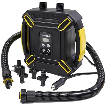 Freespirit 12V Electric SUP and Kayak Pump, Digital Display, 16 PSI, 300L/min Airflow, Multiple Fittings, Car Charger with 285cm Cable, 1.77kg