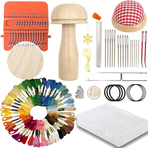 Mini Darning Loom with 14 Hooks Small Speedweve Style Weaving Darning Mushroom with 18PCS Knitting Needles 50 Colors Thread and Storage Box Handcraft DIY Weaving Repair Tool Braiding Machine for Adult