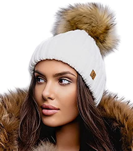 4sold Rita Lady Skullies Bonnets Bonnet fourré Hiver pour Femme Bonnet tricoté avec Torsades et Gros Pompon en Fourrure Plusieurs Coloris Taille Unique