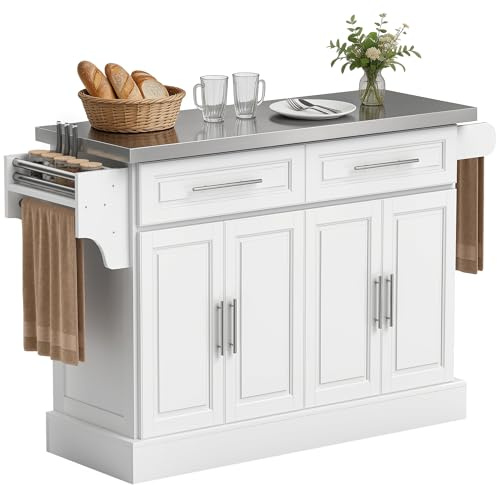 HOMCOM Rolling Kitchen Island Cart with 47 Stainless Steel Top, Portable Island Table for Kitchen with Wheels, Adjustable Shelves, 2 Drawers, Spice, Knife and Towel Rack, White