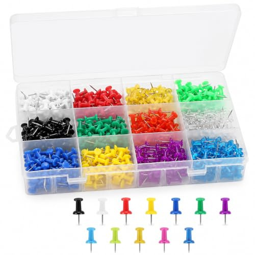 Multicolored Push Pins Thumb Tacks, Coideal 600 Pcs Coloured Map Tacks with Stainless Steel Point for Bulletin Board, Fabric Marking, Pictures Hanging at Home Office School (12 Colours)