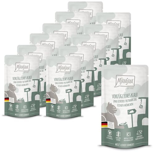 MjAMjAM - nourriture humide premium pour chats - Quetschie - excellent veau et dinde avec de délicieuses carottes, paquet de 12 (12 x 125 g), sans céréales avec supplément de viande