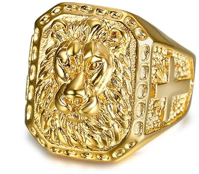 BOBIJOO Jewelry - Grosse Chevalière Bague Homme Tête de Lion Acier Inoxydable Or Doré Plaqué Croix Voyageur - 75 (15 US)