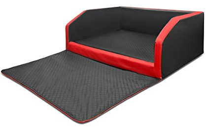Mayaadi-Home Premium hundsäng – 90 x 70 x 38 cm | Högkvalitativ bilstol för din hund | bilhundsäng med skyddsfilt, bagageutrymme säng av konstläder | Travel Duo svart-röd – S