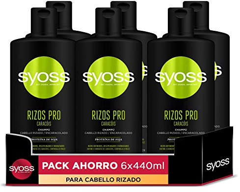 Syoss Rizos Pro Champú para cabello rizado y ondulado (6 x 440 ml), fórmula profesional con ingredientes naturales y efecto anti frizz, apto para el método curly