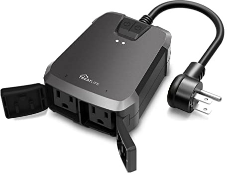 TREATLIFE 2 in 1 Outdoor Smart Dimmer Plug, 2 Individual Control Sockets, 600W, Compatible with Alexa, Google Home, IP64 Dimmer for Outdoor String Lights, Dusk to Dawn, 2.4GHz WiFi Only