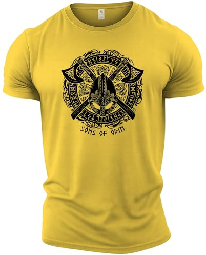 GYMTIER Sons of Odin - Casco Vikingos - Camiseta de Gimnasia para Hombre Entrenamiento de Culturismo Ropa Superior de Levantamiento, Amarillo, S