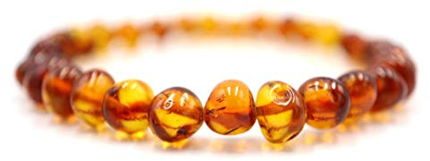 amber-us - Bracciale in ambra baltica su fascia elastica, lunghezza multipla, diversi colori, realizzato in autentiche perle di ambra naturali rotonde, 22 cm