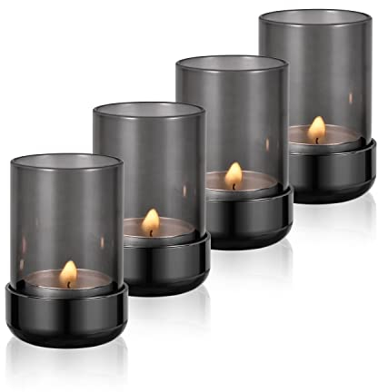 Faveaux Teelichthalter Glas Metall Teelichtgläser Kerzenhalter Schwarz Windlicht Glas Deko Geschenke für Tischdeko Dekoration, Schwarz 4 Stück