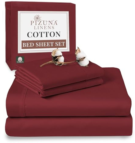 Pizuna 100% Cotton Double Bed Sheet Set Rio Red, 400 Thead Count Long Staple Cotton Bedding Set 230x280 cm, Soft Sateen 4 PC Double Bed Sheet Set - Fitted Sheet, Flat Sheet & 2 Pillowcases