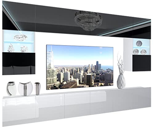 BELINI Meuble Mural NEX 1 avec LED, Noir très Brillant/Blanc très Brillant