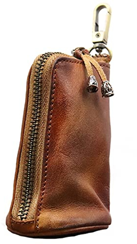 LFWATAXY Medieval Leather Zipper Coin Pouch, Genuine Cowhide Handcrafted Coin Organizer Change Holder Keychain Coin Purse for Men & Women (Brown)