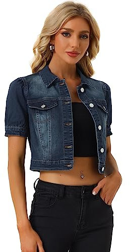 Allegra K Women's Washed Denim Jacket Button Closure Puff Short Sleeve Crop Jean Top Dark Blue L