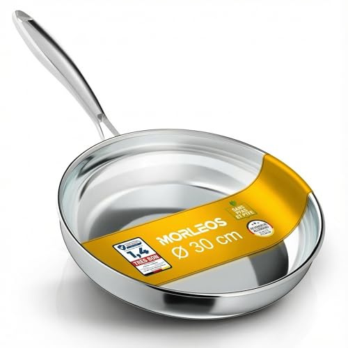 Morleos Poêle en acier inoxydable 18/10 Ø 30cm | 5 couches - 3mm - 1,5 kg | Résistant au four jusqu'à 400°C | Poêle en acier inoxydable pour induction et Lavable au lave-vaisselle