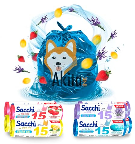 Akitaink Sacchi spazzatura Antiforo con Manici - Profumati - 120 pz da 45L | Misure 55x70cm | Vari Profumi: Brezza Marina, Fragola, Limone e Lavanda Made in Italy