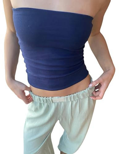Carolilly Y2K - Fascia senza spalline da donna, senza spalline, con tubo alto a righe, per camicia, sexy, senza maniche, slim fit, Blu scuro, S