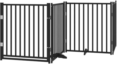 vidaXL Hundgrind med dörr vikbar 4 paneler svart 320cm massivt granträ, husdjursgrind, hundgrind för trappor, valpgrind för trappor