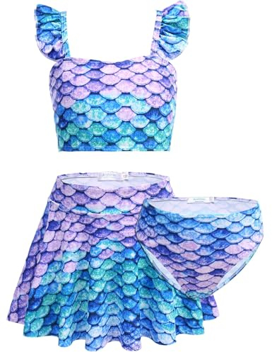 Arshiner Flicka bikiniset 3 st barn blommor sjöjungfru baddräkt volanger tankini med kjol badmode baddräkt 5–12 år, Färg 7, 8-9 år