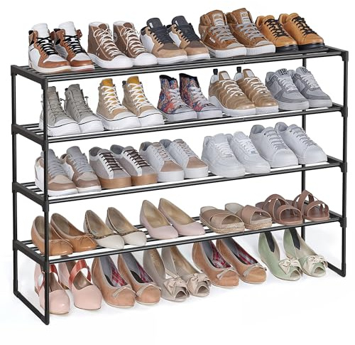 SONGMICS 4 Tier Shoe Rack Metal Shoe Storage Shoe Organizer Upright or Inverted for 25-30 Pairs of Shoes Stackable Hallway 30 x 117 x 75 cm Black