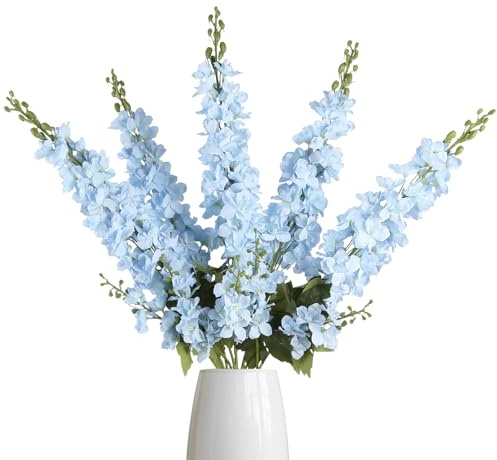 IPOPU 43.3 Light Blue Delphinium Artificial Flowers 5PCS Faux Delphinium Flowers Larkspur Long Stem Artificial Flowers for Wedding Table Centerpieces Home Garden Decor(Light Blue)