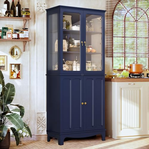 HOLTICO Armario Independiente de Cocina,Vitrina de Vidrio,Armario Alto clásico con 2 Puertas de Cristal y 3 estantes Ajustables para Sala de Estar y Cocina,40x76x183cm,Azul