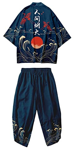 Caxndycing Kimono Cardigan Homme Japon Happi Kimono Haori Cardigan Printemps-Été Veste Traditionnelle Japonaise Impression 3D Deux Pièces Chemise de Plage Courte