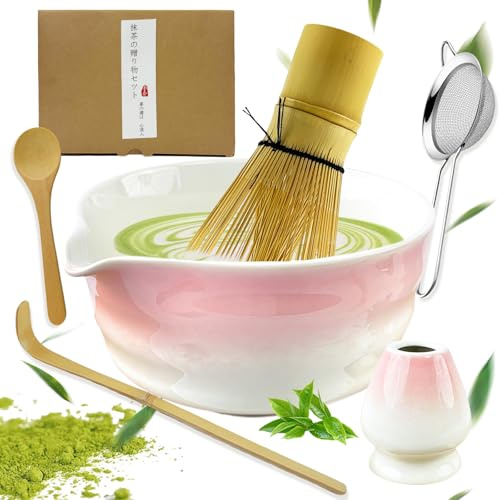 GAESHOW 6 stycken Matcha Kit Japansk Ceremonie, Matcha-kit, Matcha Set med matchande visp, matchande visphållare, matchaskål, matchaskål, 2 matchaskedar (rosa gradient)